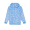 A light blue fleece hoodie with an all-over white goat character pattern, featuring a front kangaroo pocket and ribbed cuffs and hem.
