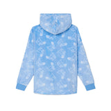 A light blue hooded fleece jacket with an all-over white goat pattern of cartoon characters, shown from the back on a white background.
