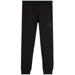Black sweatpants with a small dark embroidered logo on the left thigh, shown against a plain white background.