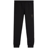 Black sweatpants with a small dark embroidered logo on the left thigh, shown against a plain white background.
