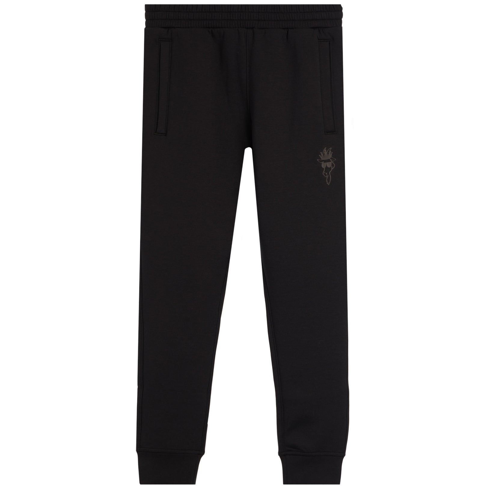 Black sweatpants with a small dark embroidered logo on the left thigh, shown against a plain white background.