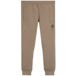 A pair of beige jogger sweatpants with a small black graphic of a face wearing sunglasses on the left thigh, shown against a plain white background.
