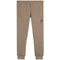 A pair of beige jogger sweatpants with a small black graphic of a face wearing sunglasses on the left thigh, shown against a plain white background.