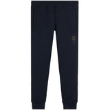 Navy blue sweatpants with a small dark embroidered logo on the left thigh, shown flat against a white background.