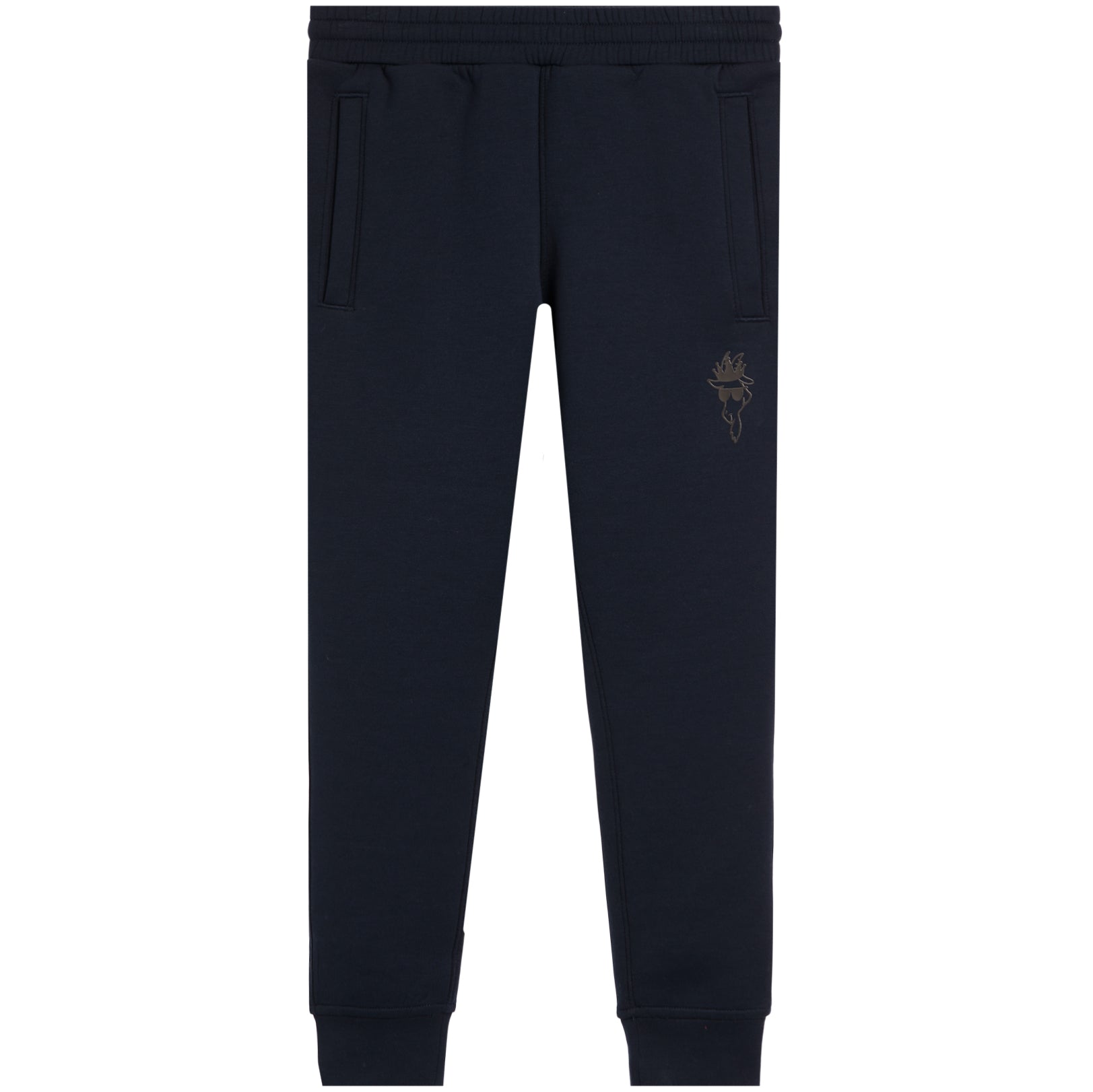 Navy blue sweatpants with a small dark embroidered logo on the left thigh, shown flat against a white background.
