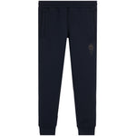 Navy blue sweatpants with a small dark embroidered logo on the left thigh, shown flat against a white background.