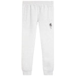 Light heather gray sweatpants with an elastic waistband, side pockets, and a small black graphic on the left thigh.