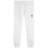Light heather gray sweatpants with an elastic waistband, side pockets, and a small black graphic on the left thigh.
