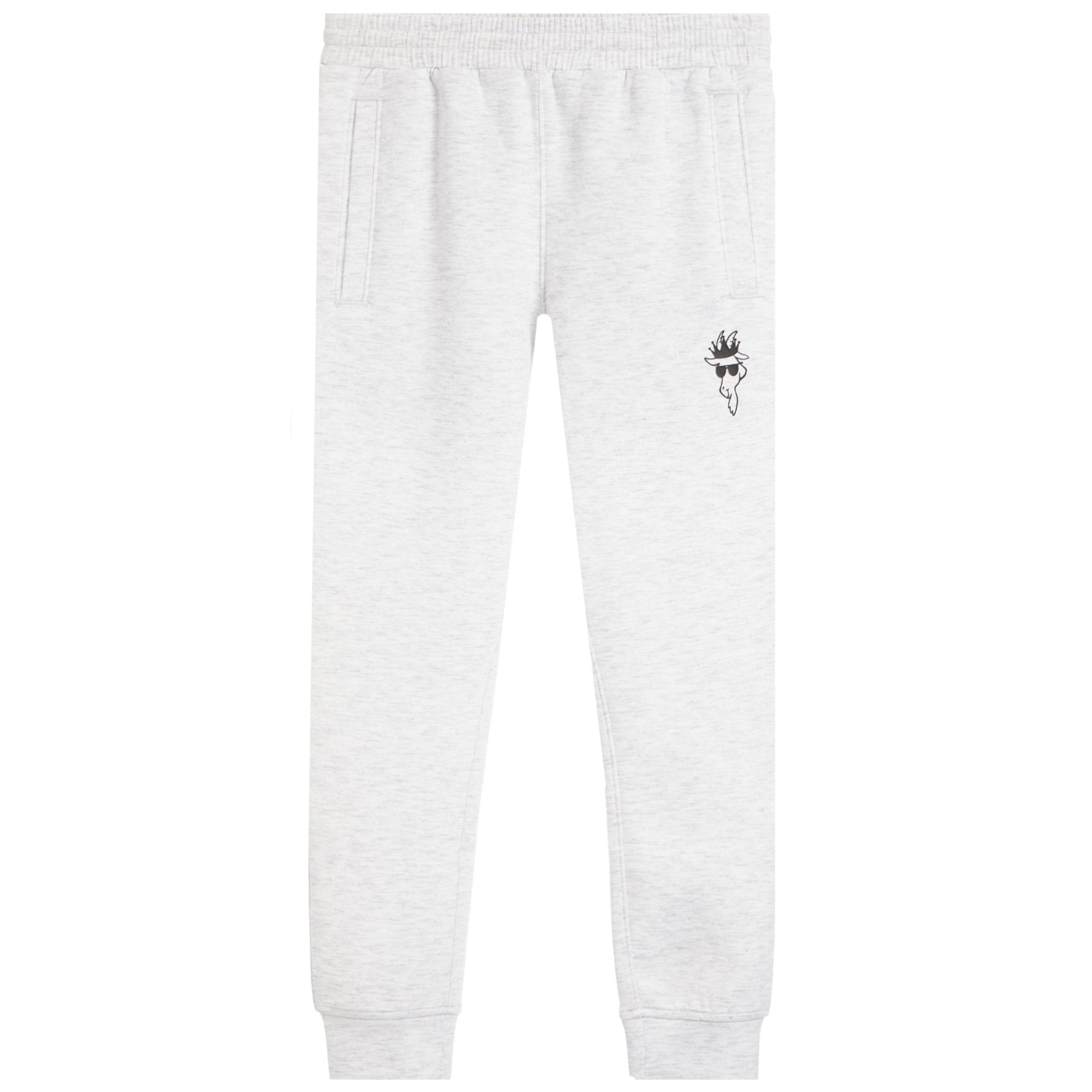 Light heather gray sweatpants with an elastic waistband, side pockets, and a small black graphic on the left thigh.