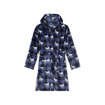 A hooded fleece robe with a navy and black buffalo plaid pattern overlaid with a repeating goat print, shown against a plain white background.