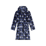 A hooded fleece robe with a navy and black buffalo plaid pattern overlaid with a repeating goat print, shown against a plain white background.
