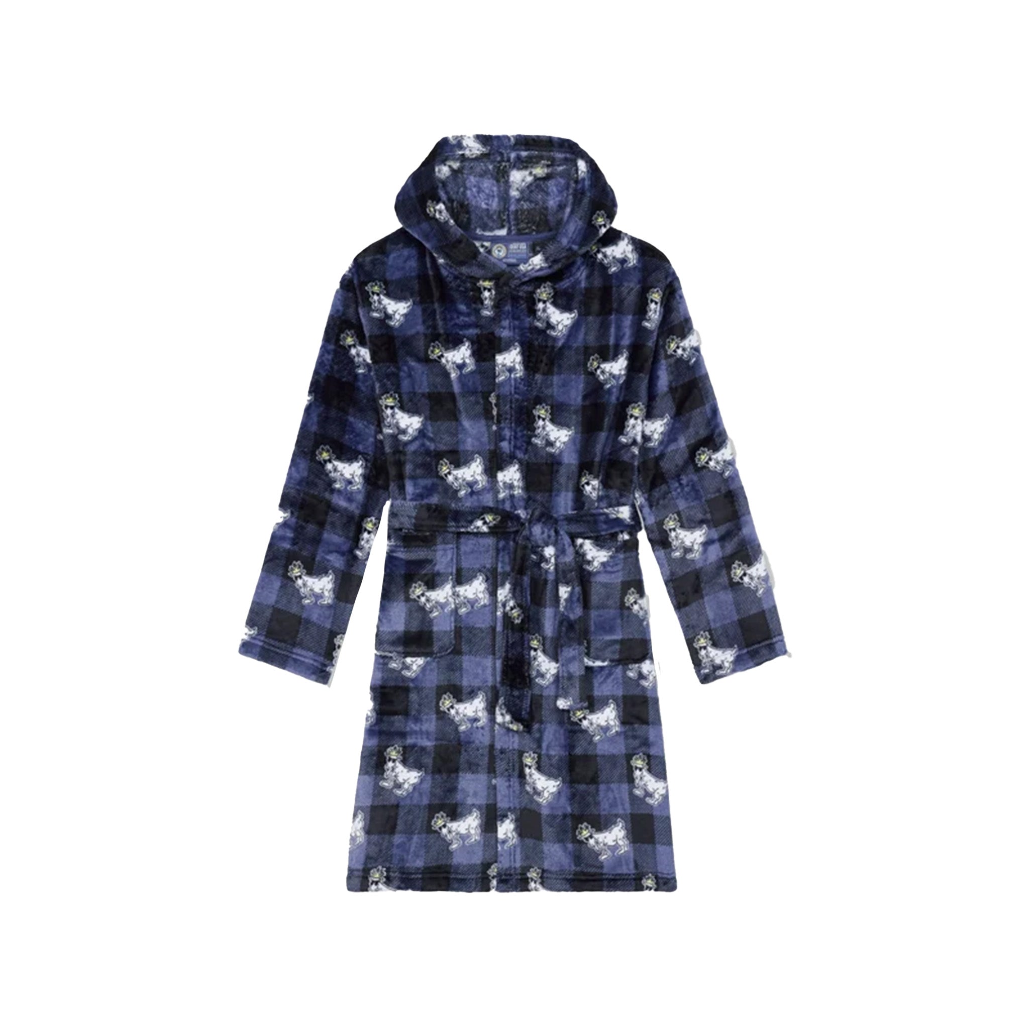 A hooded fleece robe with a navy and black buffalo plaid pattern overlaid with a repeating goat print, shown against a plain white background.