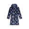 A hooded fleece robe with a navy and black buffalo plaid pattern overlaid with a repeating goat print, shown against a plain white background.