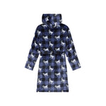 Back of a hooded fleece robe with a navy and black buffalo plaid pattern overlaid with a repeating goat print, shown against a plain white background.