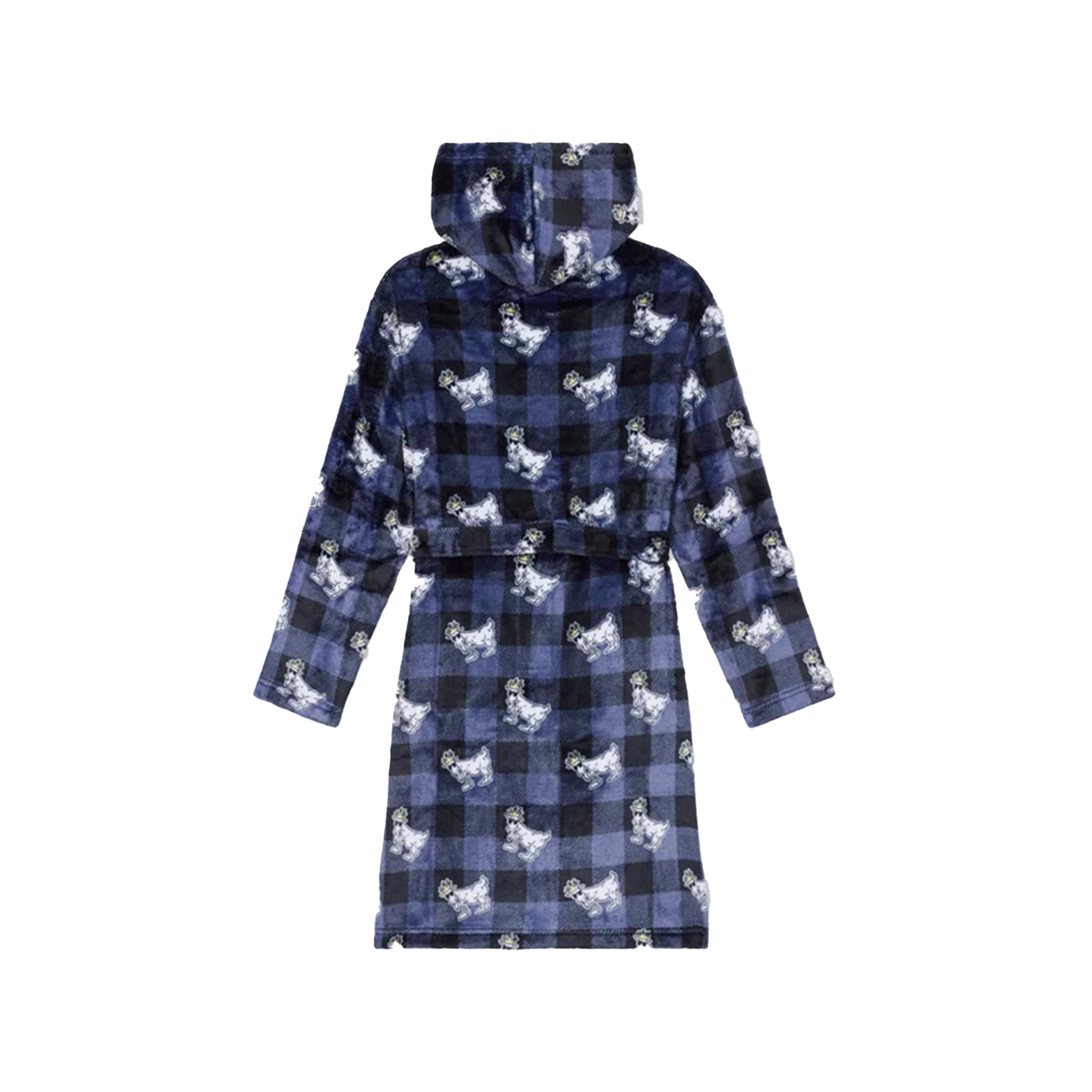 Back of a hooded fleece robe with a navy and black buffalo plaid pattern overlaid with a repeating goat print, shown against a plain white background.