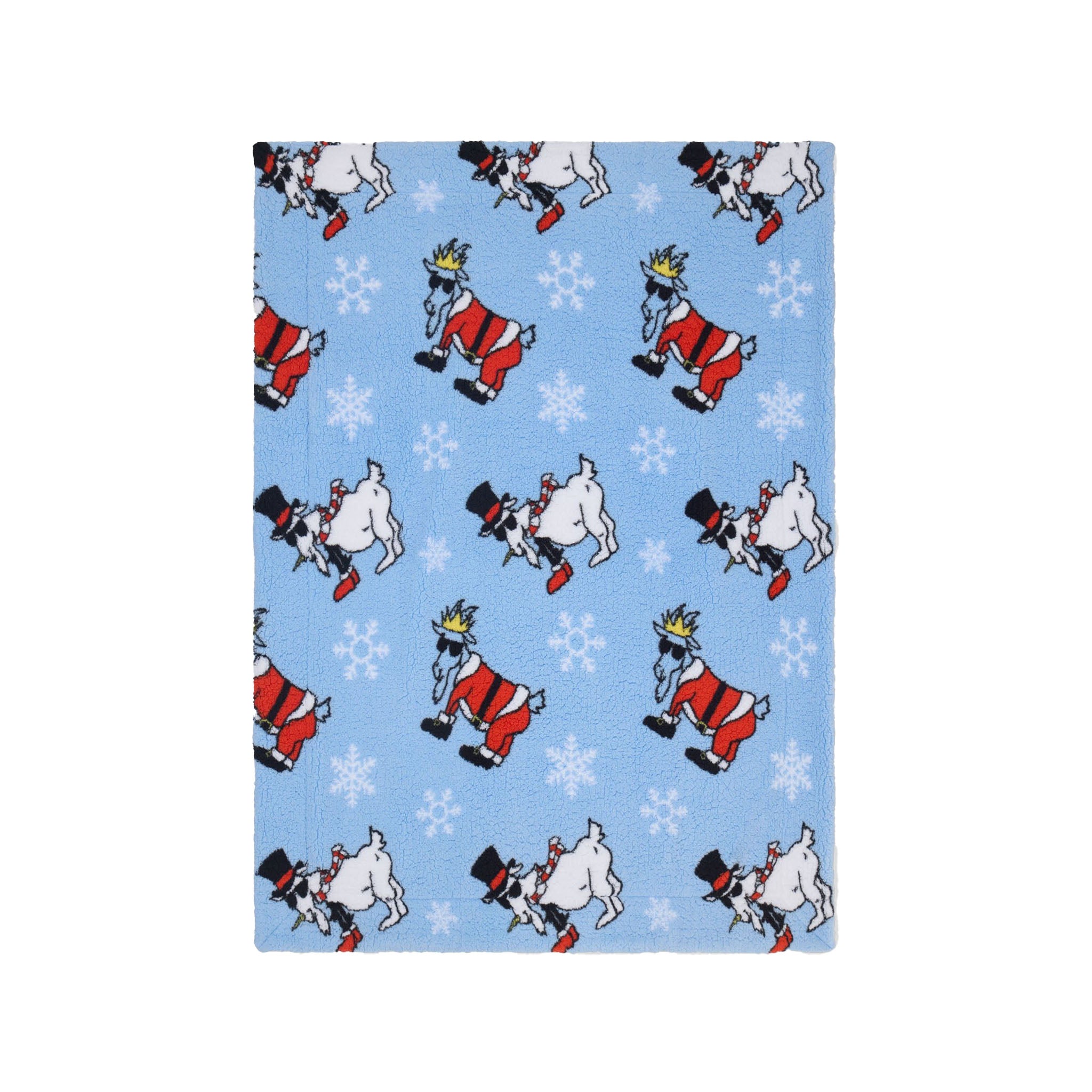A light blue blanket or throw featuring a repeating pattern of cartoon Santa Claus goat and Snowman goat with white snowflakes, shown on a plain white background.