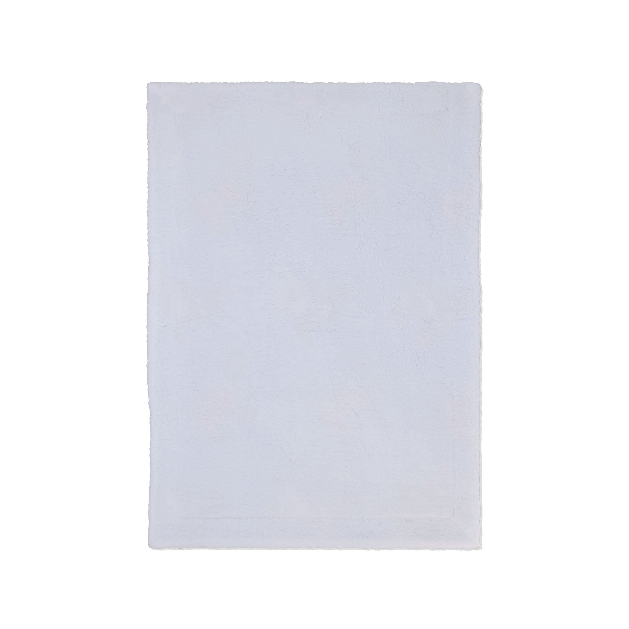 A plain white back of a blanket with a subtle woven texture, centered on a solid white background.