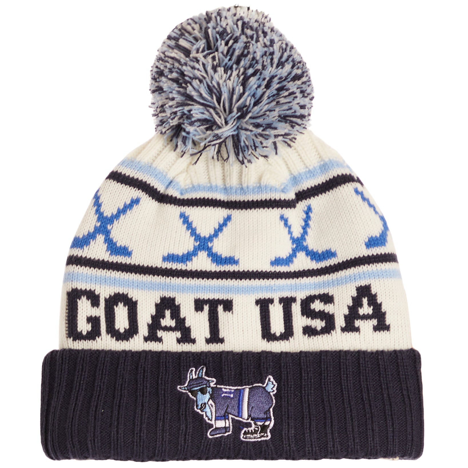 A cream knit beanie with a navy and blue pom-pom, featuring the text 'GOAT USA' and a goat mascot graphic on a navy ribbed cuff.