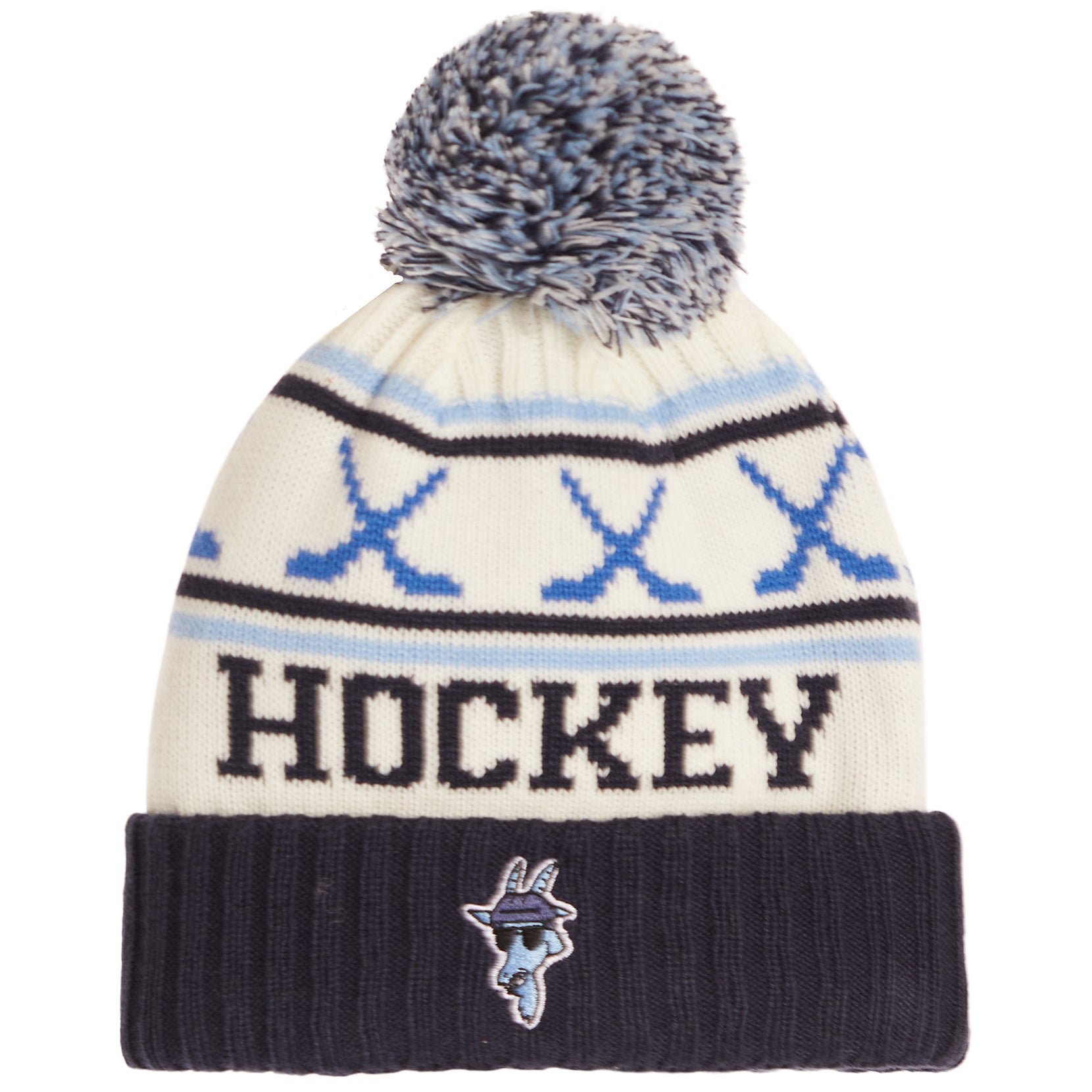 A cream-colored knit hockey beanie with a navy blue pom-pom, featuring blue crossed hockey sticks, the word 'HOCKEY' in navy, and a navy blue ribbed cuff with a small team logo.