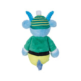 A plush toy shaped like a cgoat, shown from the back. It has a light blue fuzzy body, a green and yellow striped hat with blue horns, a green top, a black belt, and a yellow bottom with a blue tail.