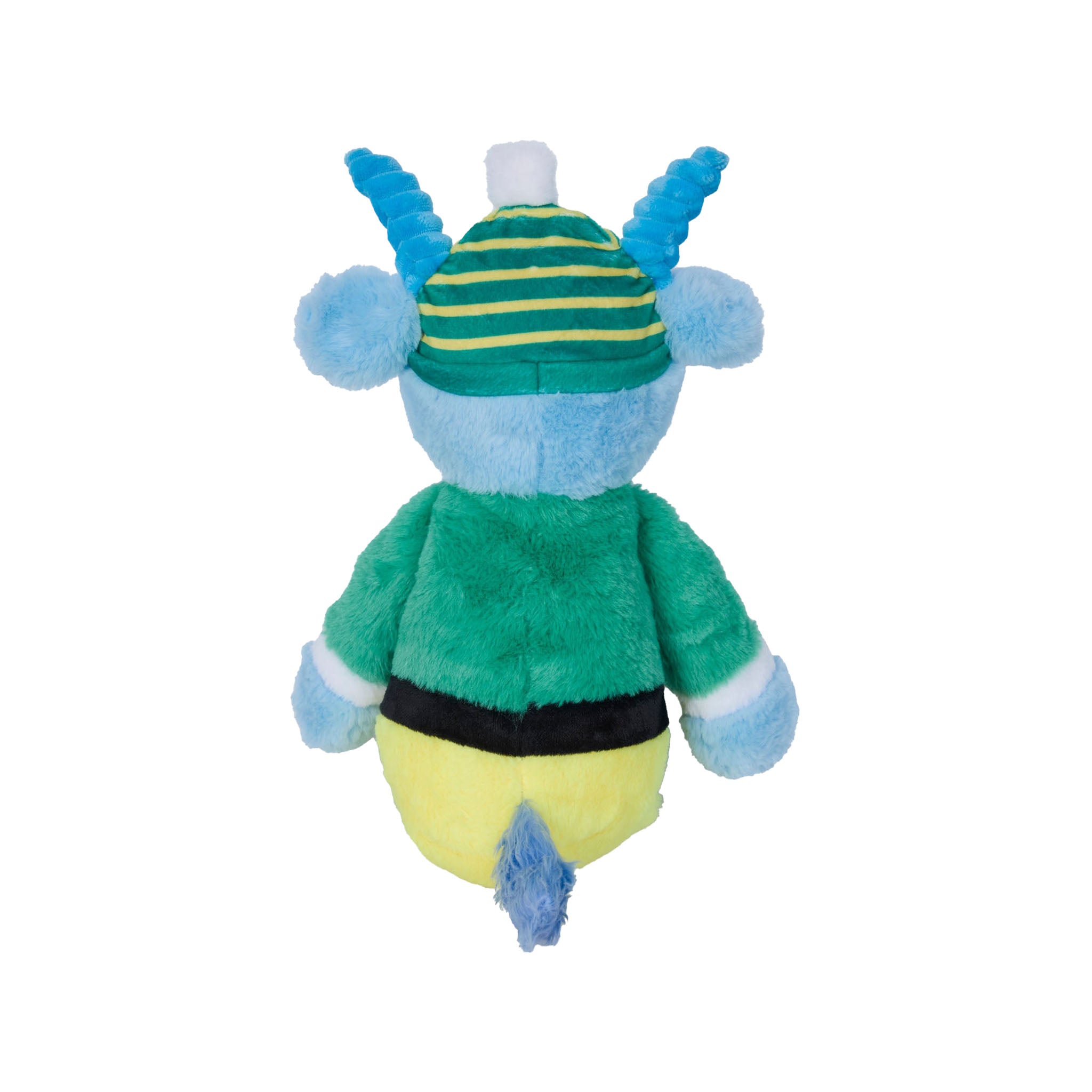 A plush toy shaped like a cgoat, shown from the back. It has a light blue fuzzy body, a green and yellow striped hat with blue horns, a green top, a black belt, and a yellow bottom with a blue tail.