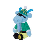 A blue plush goat character dressed as a pirate, wearing a green striped hat, green shirt, yellow pants, and black sunglasses, isolated on a white background.
