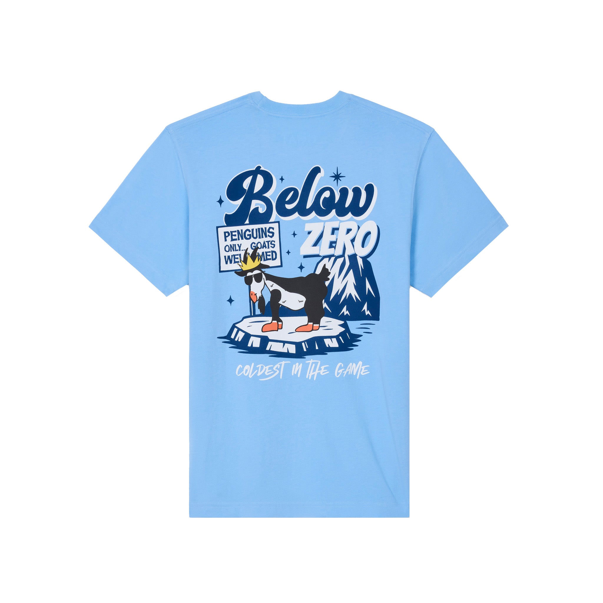 A light blue short-sleeve t-shirt with a graphic print on the back featuring goat dressed as penguin and mountains.