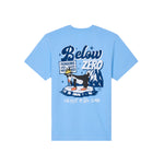 A light blue short-sleeve t-shirt with a graphic print on the front featuring goat penguin and mountains