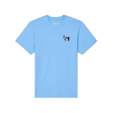 A light blue short-sleeve t-shirt with a small embroidered dog graphic on the left chest, shown on a plain white background.