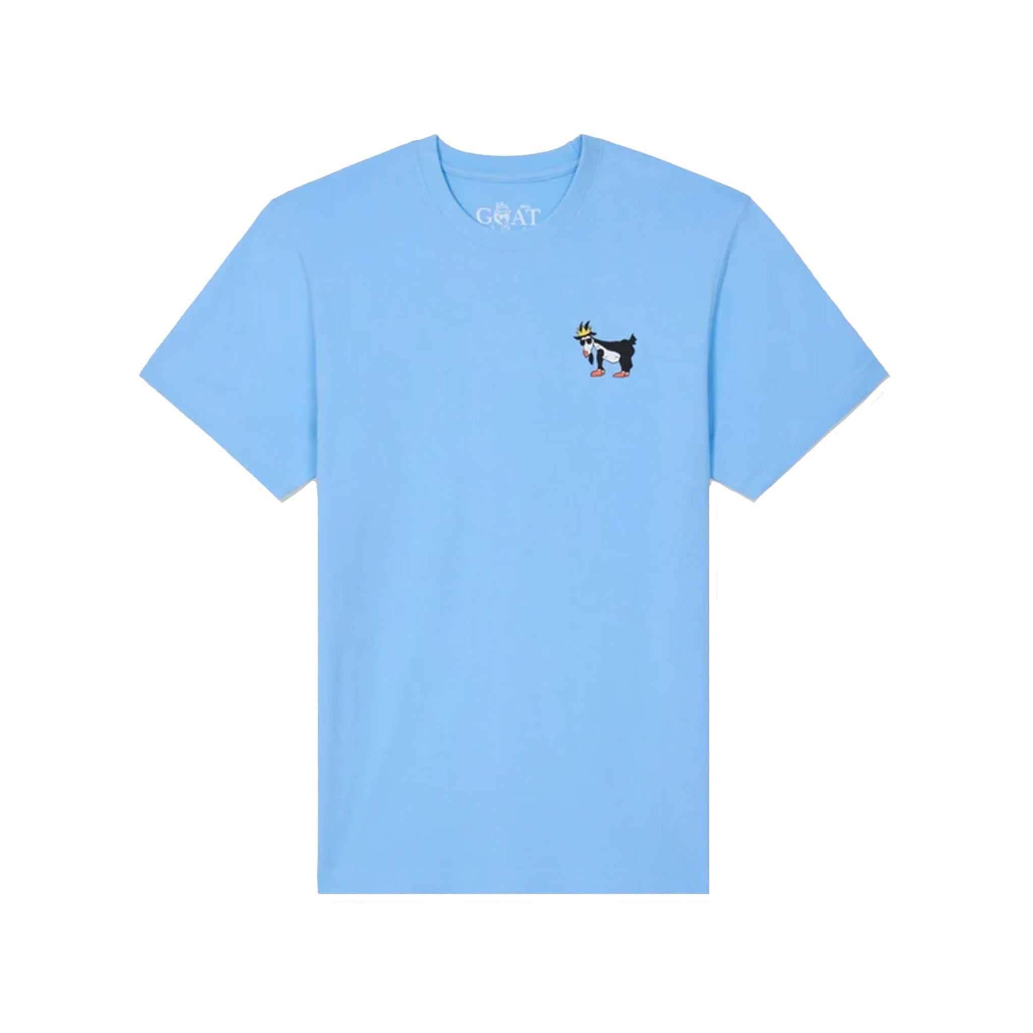 A light blue short-sleeve t-shirt with a small embroidered dog graphic on the left chest, shown on a plain white background.