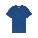 A royal blue short-sleeve crewneck t-shirt with a small goat santa graphic on the left chest, displayed on a clean white background.