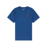 A royal blue short-sleeve crewneck t-shirt with a small goat santa graphic on the left chest, displayed on a clean white background.