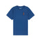 A royal blue short-sleeve crewneck t-shirt with a small goat santa graphic on the left chest, displayed on a clean white background.