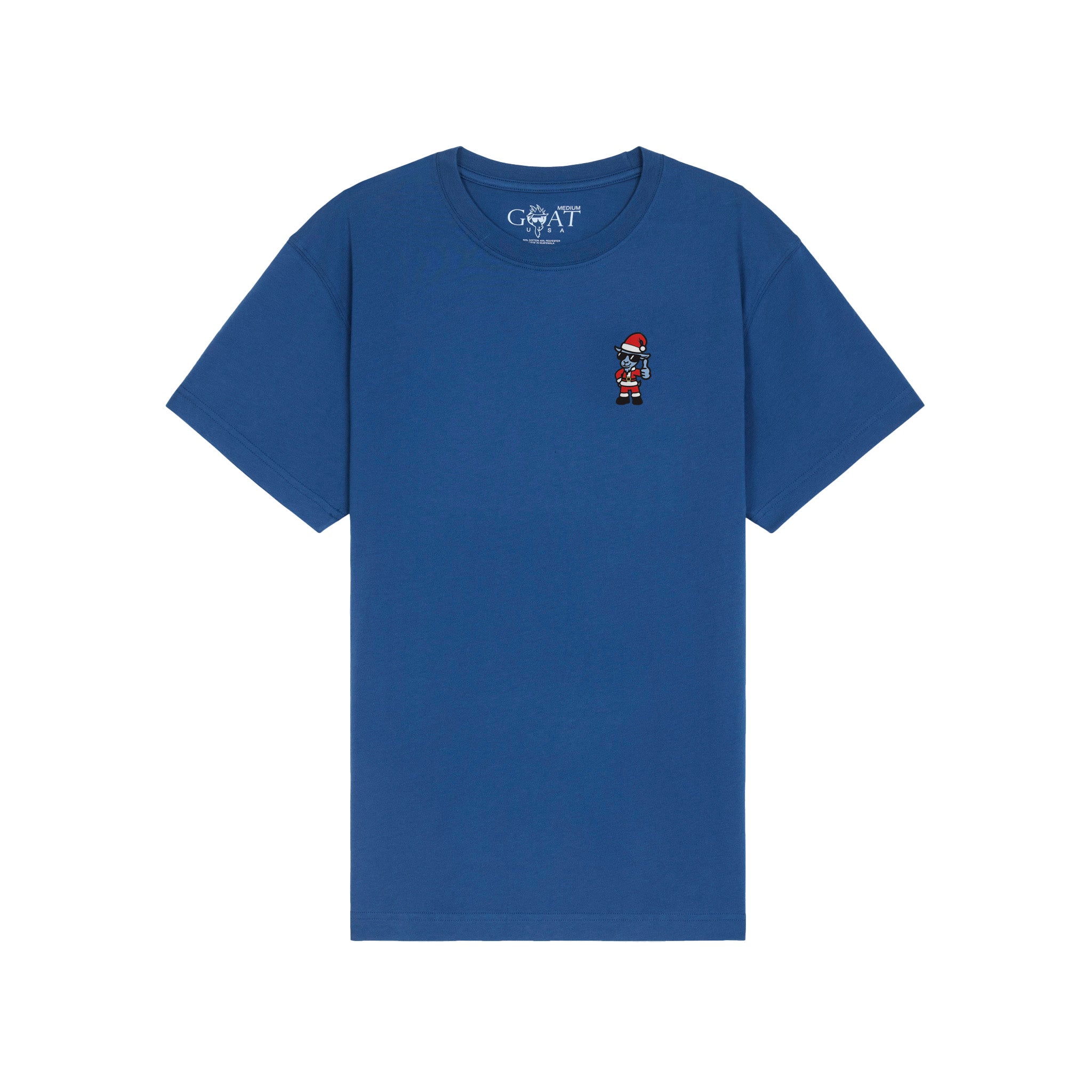 A royal blue short-sleeve crewneck t-shirt with a small santa goat graphic on the left chest, displayed on a clean white background.