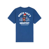 A blue short-sleeve t-shirt shown from the back, featuring a large graphic print of a cartoon goat dressed as Santa Claus with the text 'NORTH POLE'S GREATEST' and a small quote below.