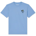 A light blue short-sleeve t-shirt by GOAT, featuring a small embroidered cartoon character on the left chest, displayed on a clean white background.