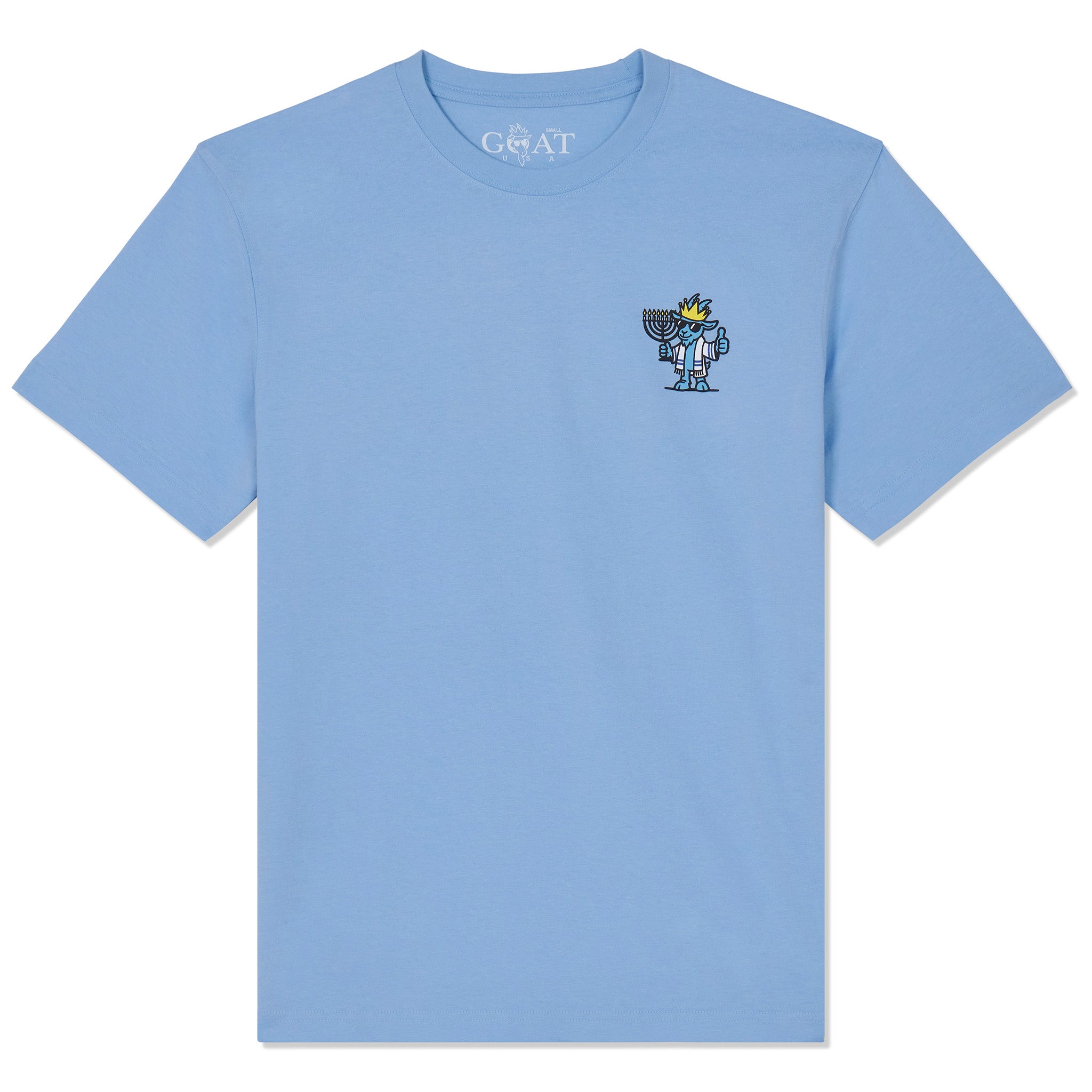 A light blue short-sleeve t-shirt by GOAT, featuring a small embroidered cartoon character on the left chest, displayed on a clean white background.