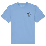 A light blue short-sleeve t-shirt by GOAT, featuring a small embroidered cartoon character on the left chest, displayed on a clean white background.