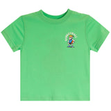 A bright green short-sleeve kids' t-shirt with a small cartoon basketball graphic on the left chest, displayed flat against a solid white background.