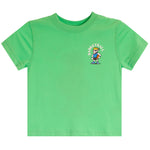 A bright green short-sleeve kids' t-shirt with a small cartoon basketball graphic on the left chest, displayed flat against a solid white background.