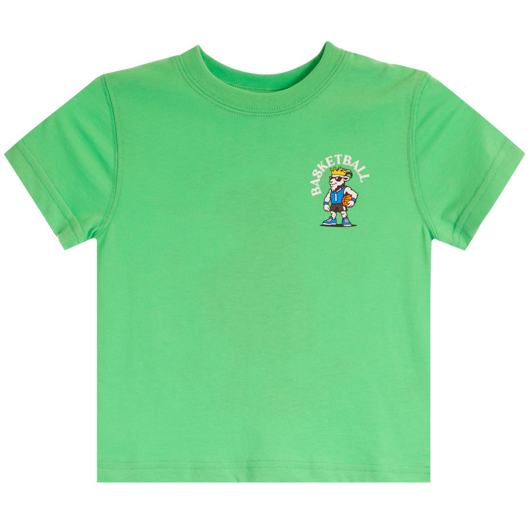 A bright green short-sleeve kids' t-shirt with a small cartoon basketball graphic on the left chest, displayed flat against a solid white background.