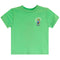 A bright green short-sleeve kids' t-shirt with a small cartoon basketball graphic on the left chest, displayed flat against a solid white background.