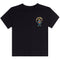 A black short-sleeve crewneck t-shirt featuring a small graphic on the left chest of a lacrosse player with the word 'LACROSSE' arched above in yellow.