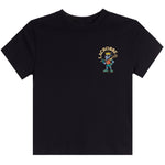 A black short-sleeve crewneck t-shirt featuring a small graphic on the left chest of a lacrosse player with the word 'LACROSSE' arched above in yellow.