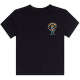 A black short-sleeve crewneck t-shirt featuring a small graphic on the left chest of a lacrosse player with the word 'LACROSSE' arched above in yellow.
