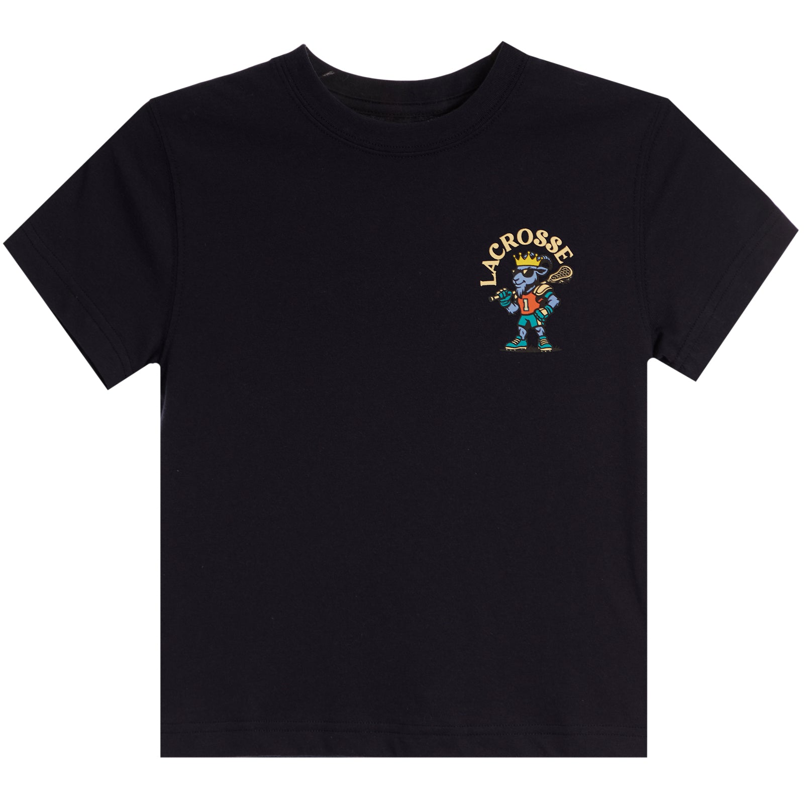 A black short-sleeve crewneck t-shirt featuring a small graphic on the left chest of a lacrosse player with the word 'LACROSSE' arched above in yellow.