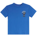 A royal blue short-sleeve crewneck t-shirt featuring a small cartoon graphic of a hockey player on the left chest with the word 'HOCKEY' arched above, displayed on a solid white background.