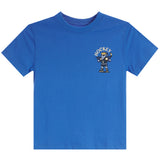 A royal blue short-sleeve crewneck t-shirt featuring a small cartoon graphic of a hockey player on the left chest with the word 'HOCKEY' arched above, displayed on a solid white background.