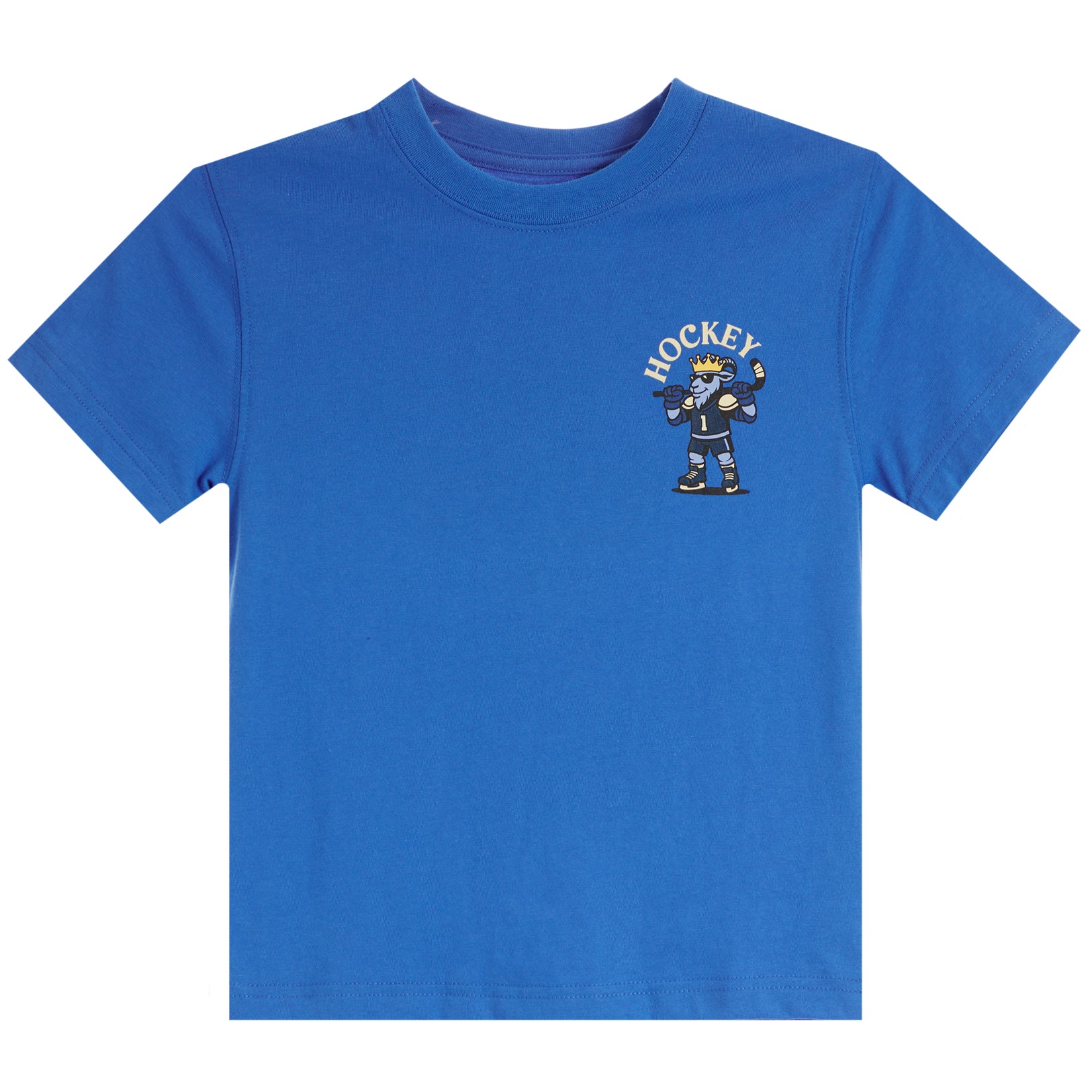 A royal blue short-sleeve crewneck t-shirt featuring a small cartoon graphic of a hockey player on the left chest with the word 'HOCKEY' arched above, displayed on a solid white background.