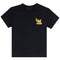 A black short-sleeve crewneck t-shirt featuring a small goat and Mac n cheese graphic on the left chest, displayed against a solid white background.